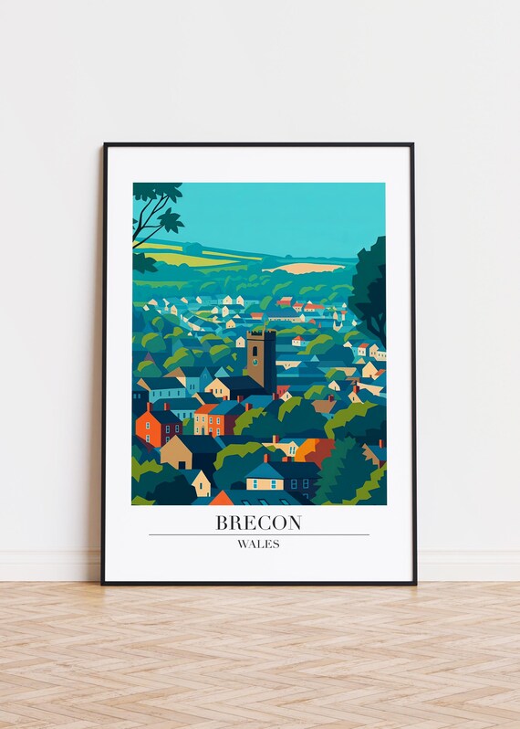 Brecon Wales Hillside Town Church Tower Modern Travel Poster Artwork