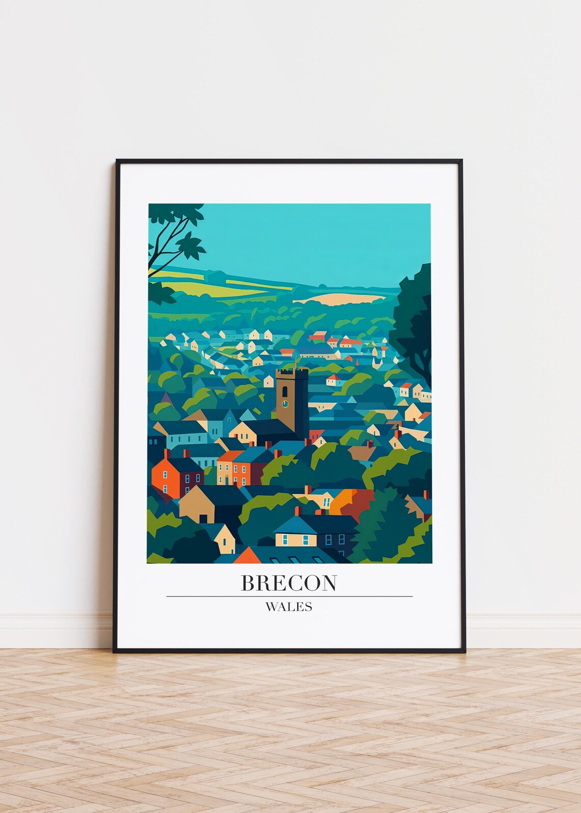 Brecon Wales Hillside Town Church Tower Modern Travel Poster Artwork