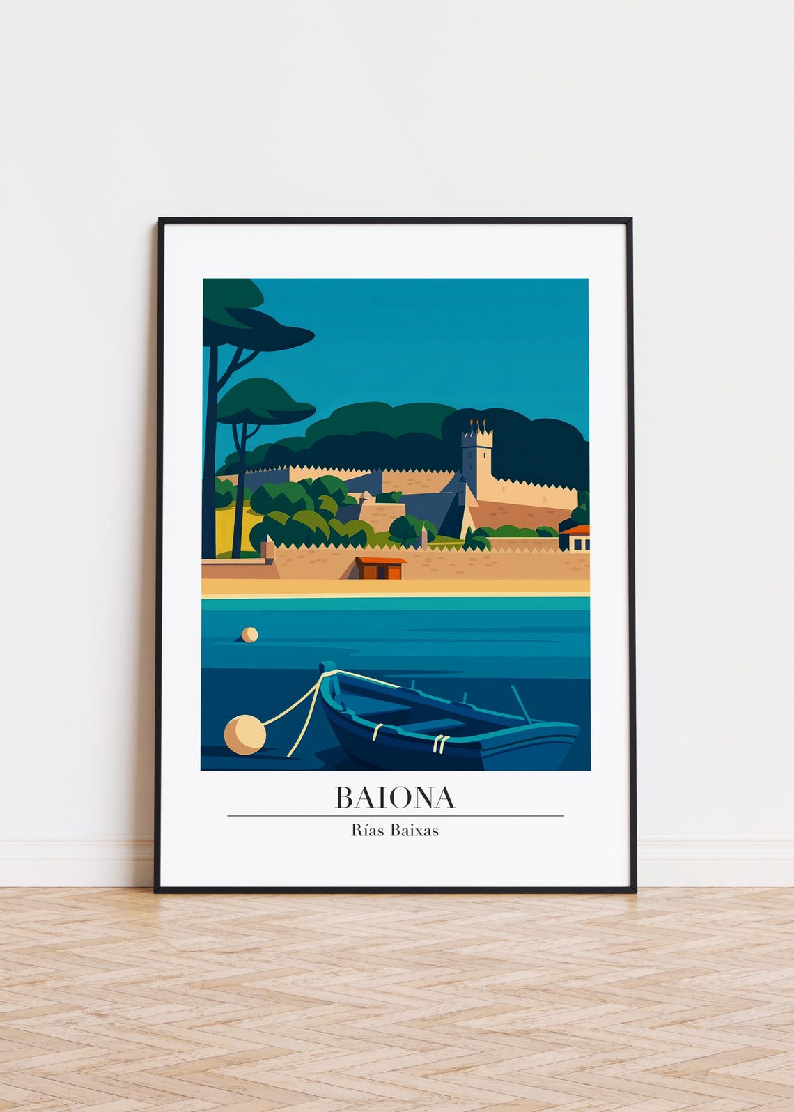Baiona Rías Baixas Historic Castle Harbor Vintage Travel Poster