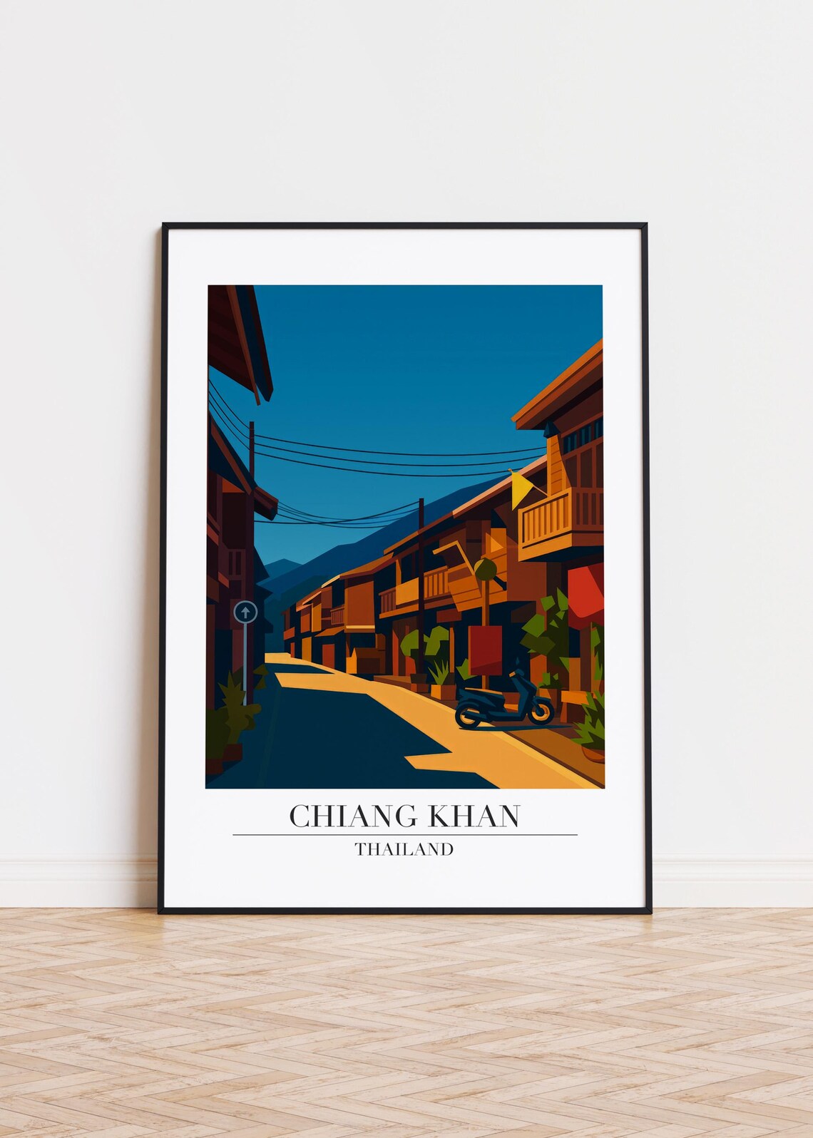 Chiang Khan Thailand Night Street Vintage Travel Illustration Poster