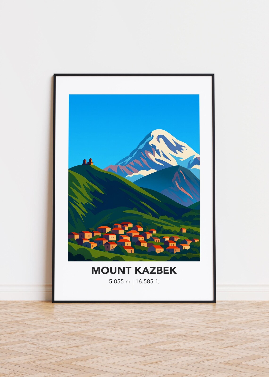 Mount Kazbek Illustration 5055m Village Church Snowy Peak Art Poster