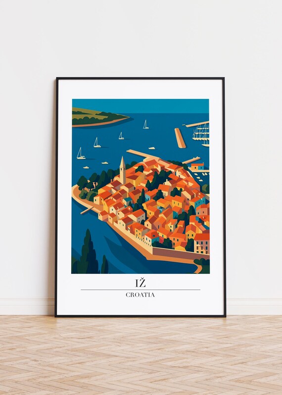 Iž Croatia Coastal Old Town Harbor Illustration Travel Poster