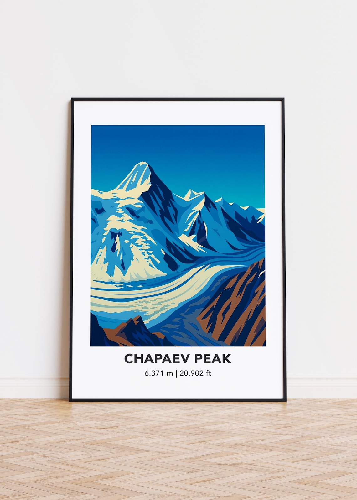 Chapaev Peak Poster, Modern Mountain Illustration