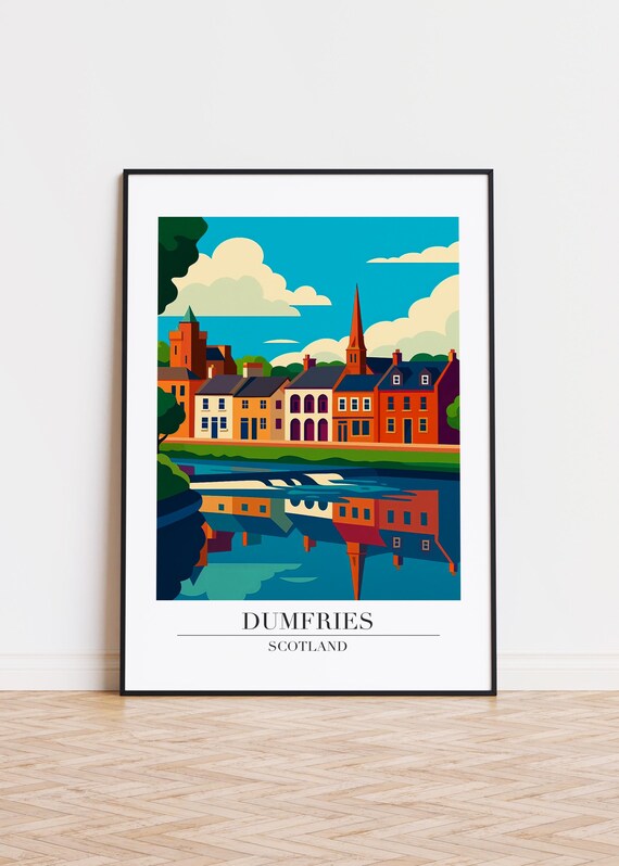 Dumfries Scotland Travel Poster With Riverside Town And Spire Reflection