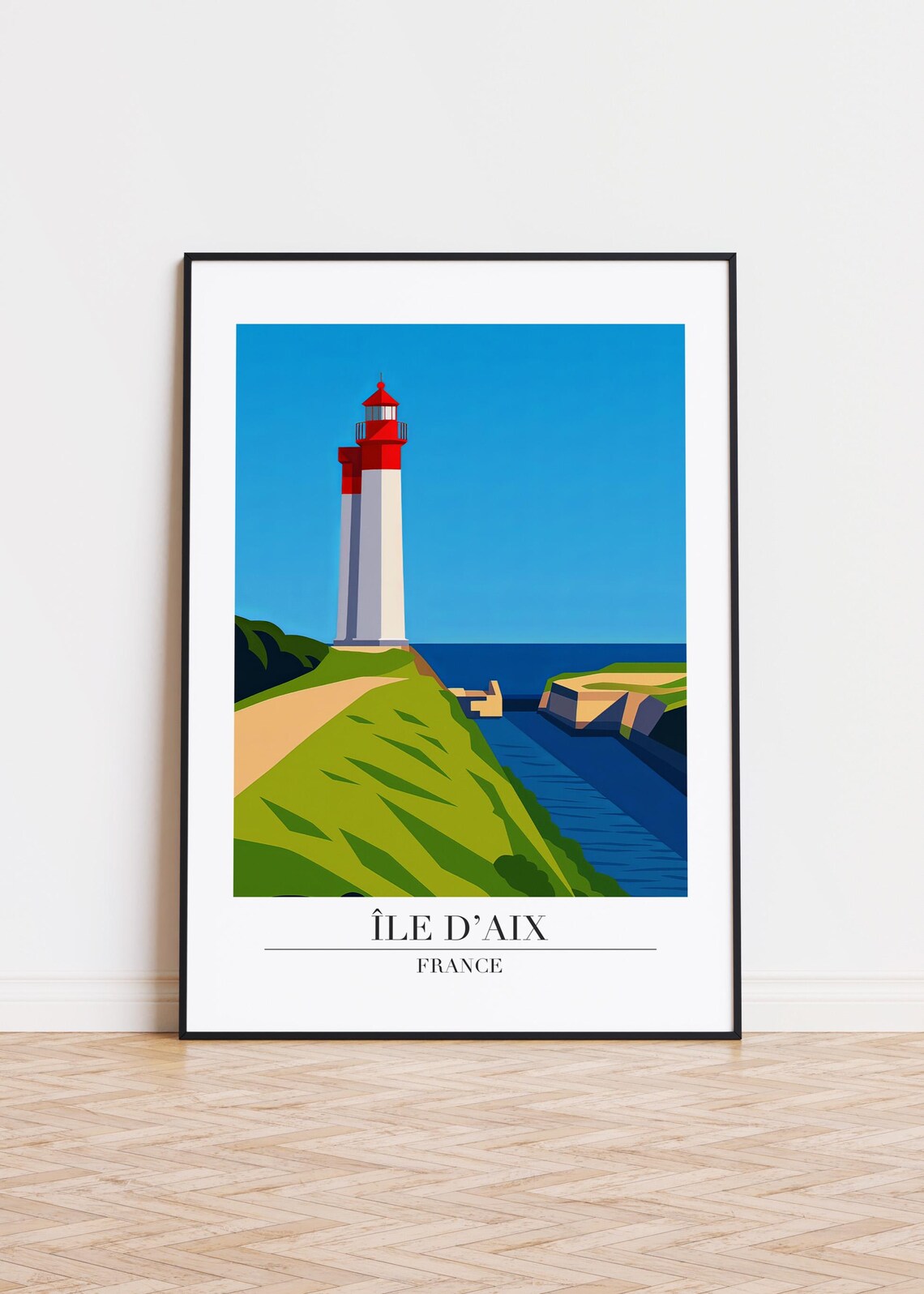 Ile d Aix France Twin Lighthouse Green Coast Retro Travel Poster