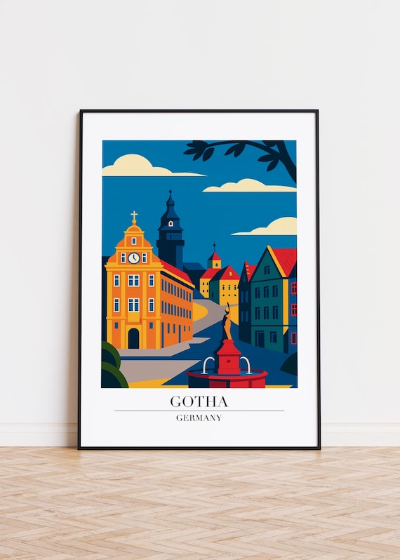 Gotha Germany Town Square Clock Tower Fountain Colorful City Poster
