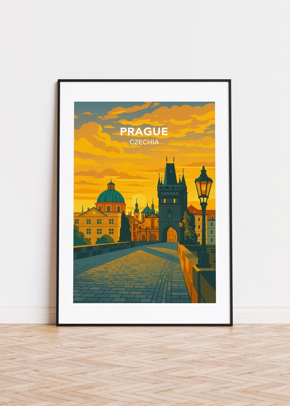 Prague Czechia Charles Bridge Golden Sunset Old Town Landmark Poster