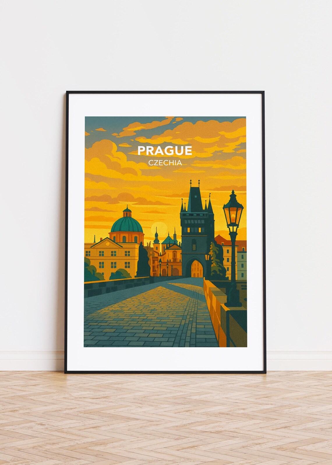 Prague Czechia Charles Bridge Golden Sunset Old Town Landmark Poster