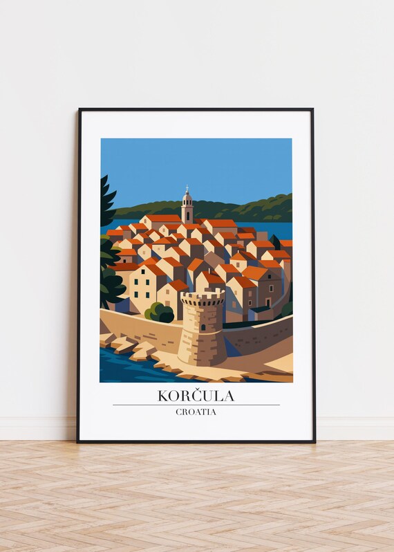 Korcula Croatia Old Town Harbor Walls Seaside View Travel Poster