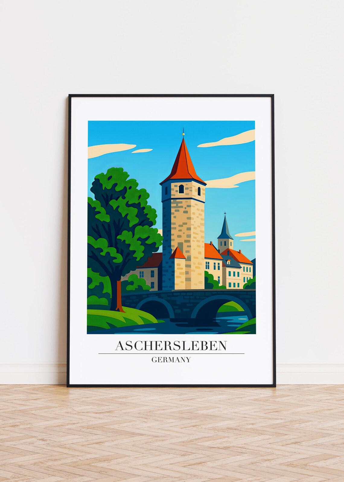 Aschersleben Germany Stone Tower Bridge Vintage Travel Poster