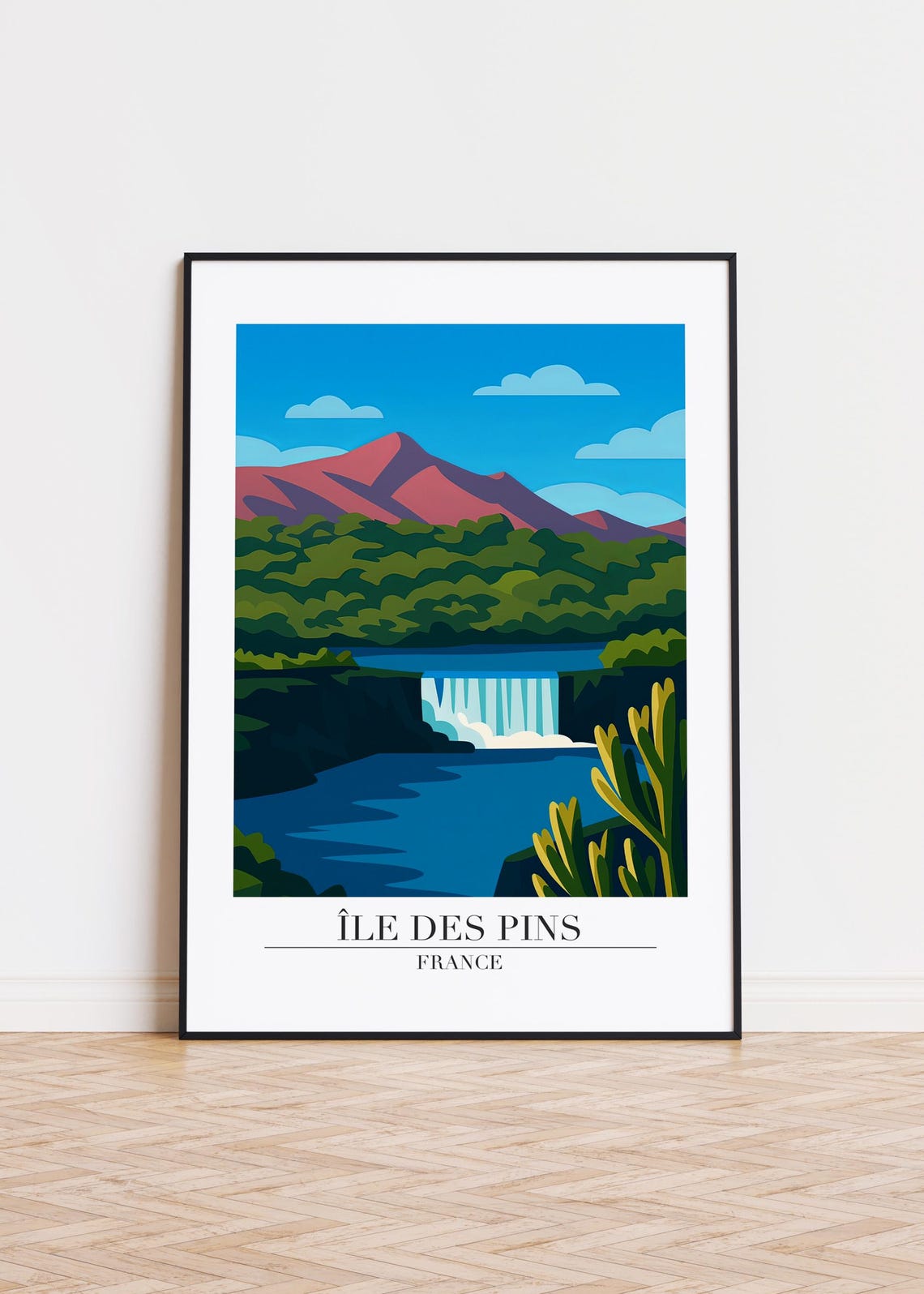 Ile des Pins France Waterfall Tropical Mountain Travel Poster