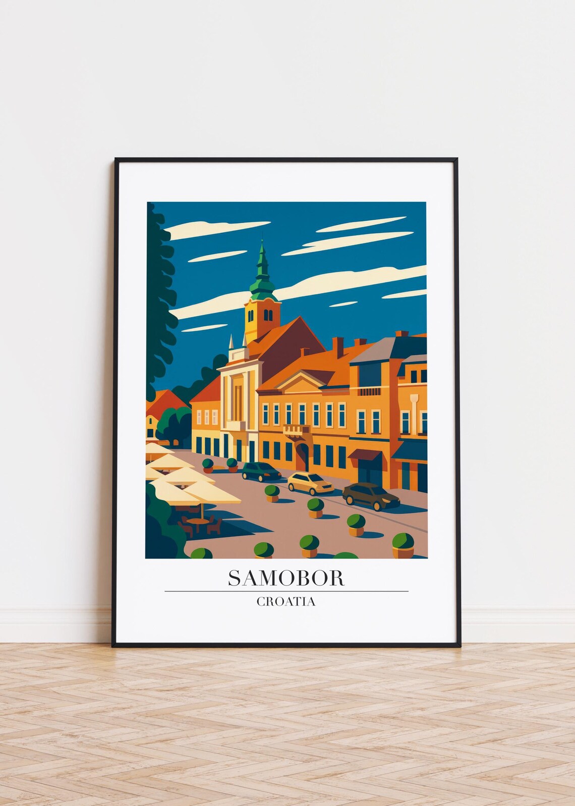 Samobor Croatia Travel Poster Old Town Square Church Tower Art