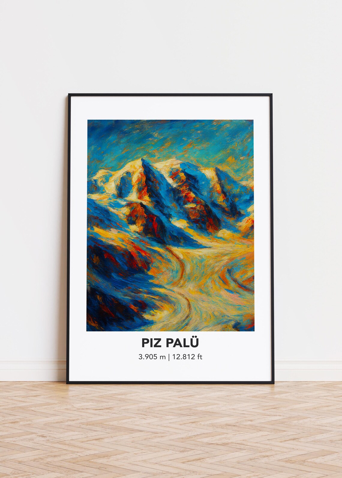 Piz Palü Glacier Peak Vivid Blue Oil Painting Mountain Poster