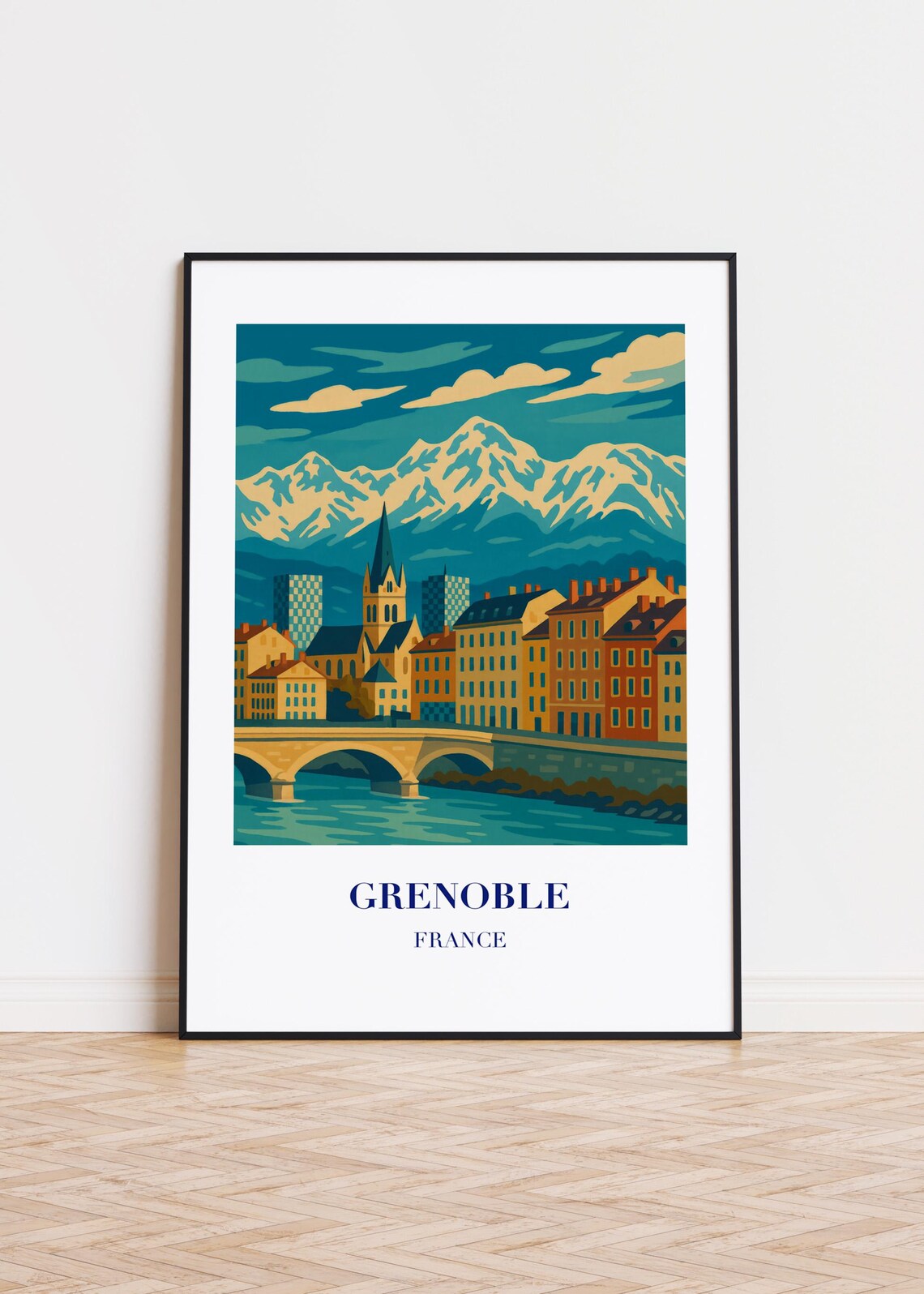 Grenoble France Poster Riverside Old Town Beneath Snowy Alps