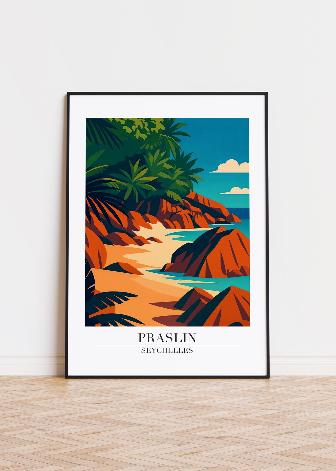 Praslin Seychelles Palm Beach Granite Boulders Travel Poster