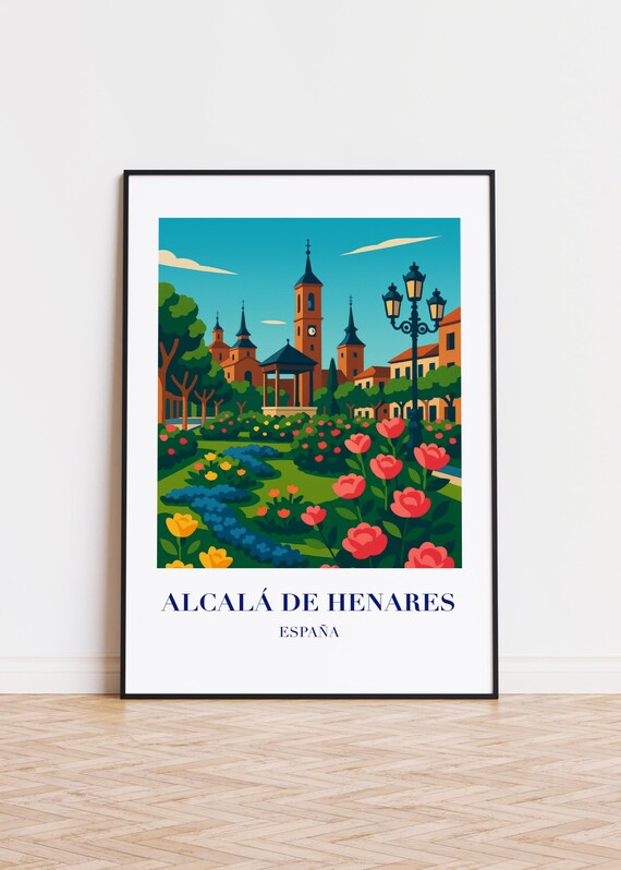 Alcala de Henares Spain Flower Garden Church Retro Travel Art Poster