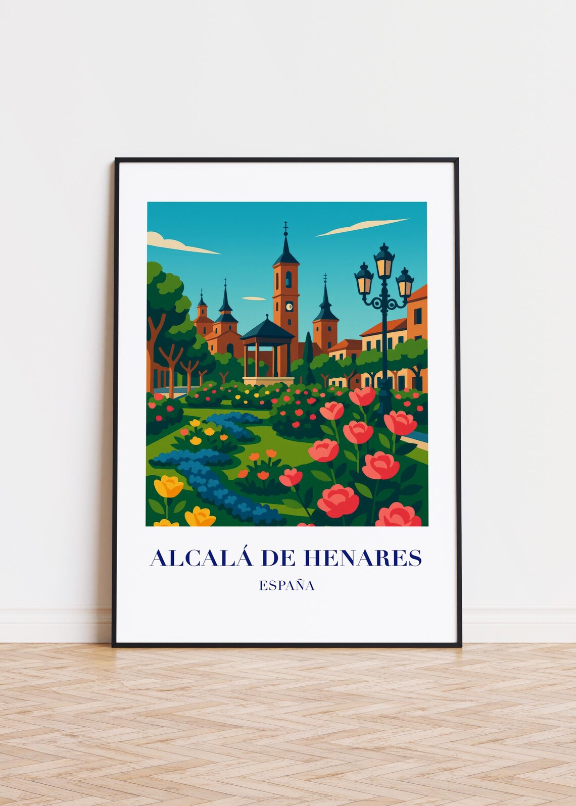 Alcala de Henares Spain Flower Garden Church Retro Travel Art Poster