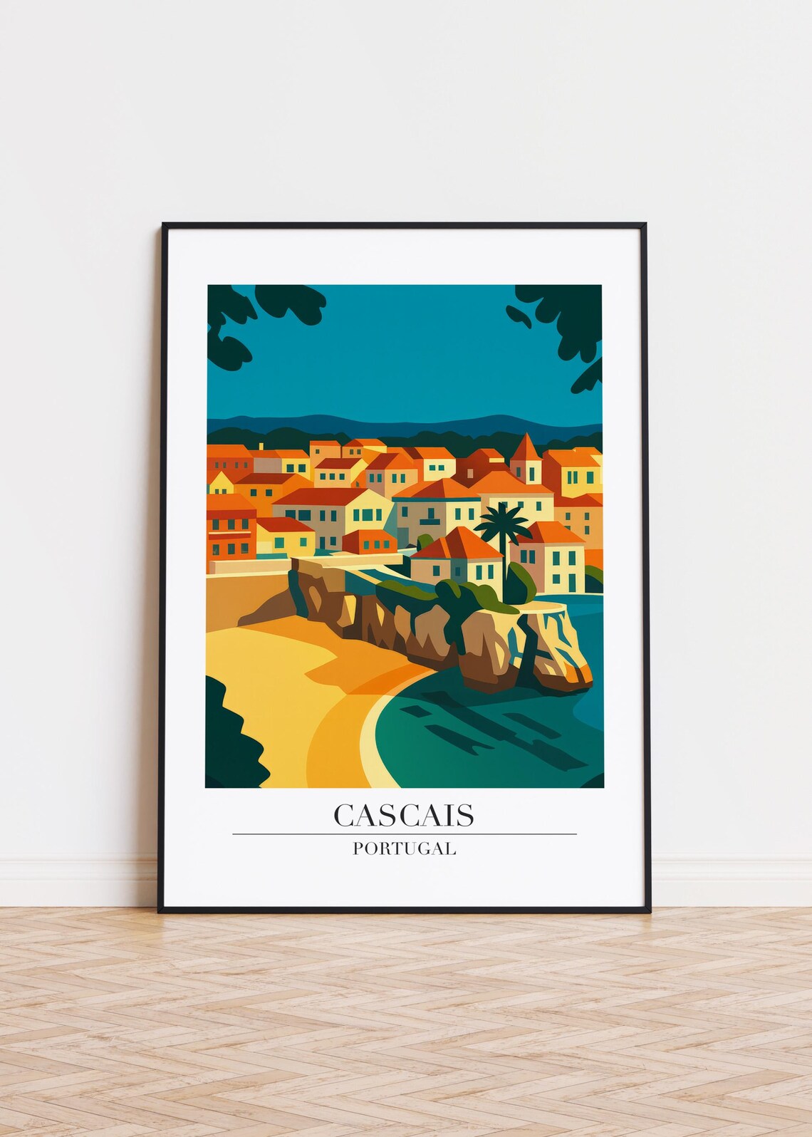 Cascais Portugal Golden Beach Cliff Coast Vintage Style Poster