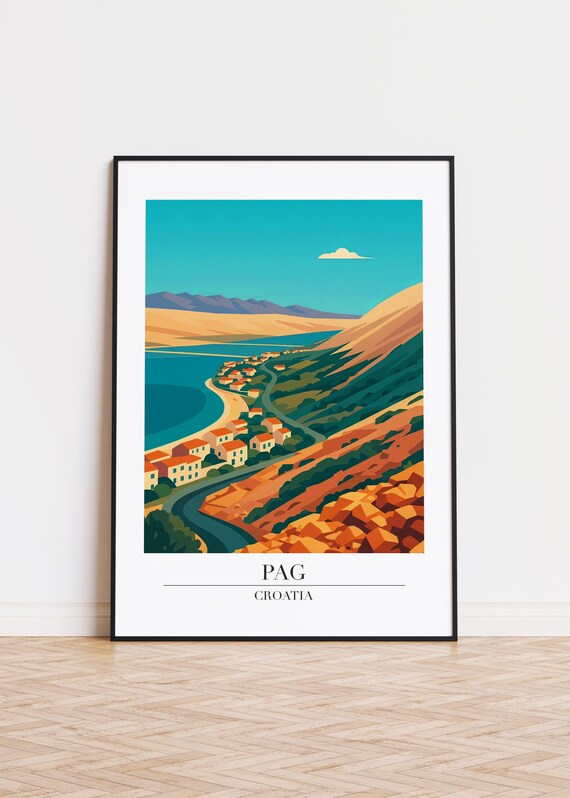 Pag Croatia Seaside Village Hillside Travel Poster Adriatic Town