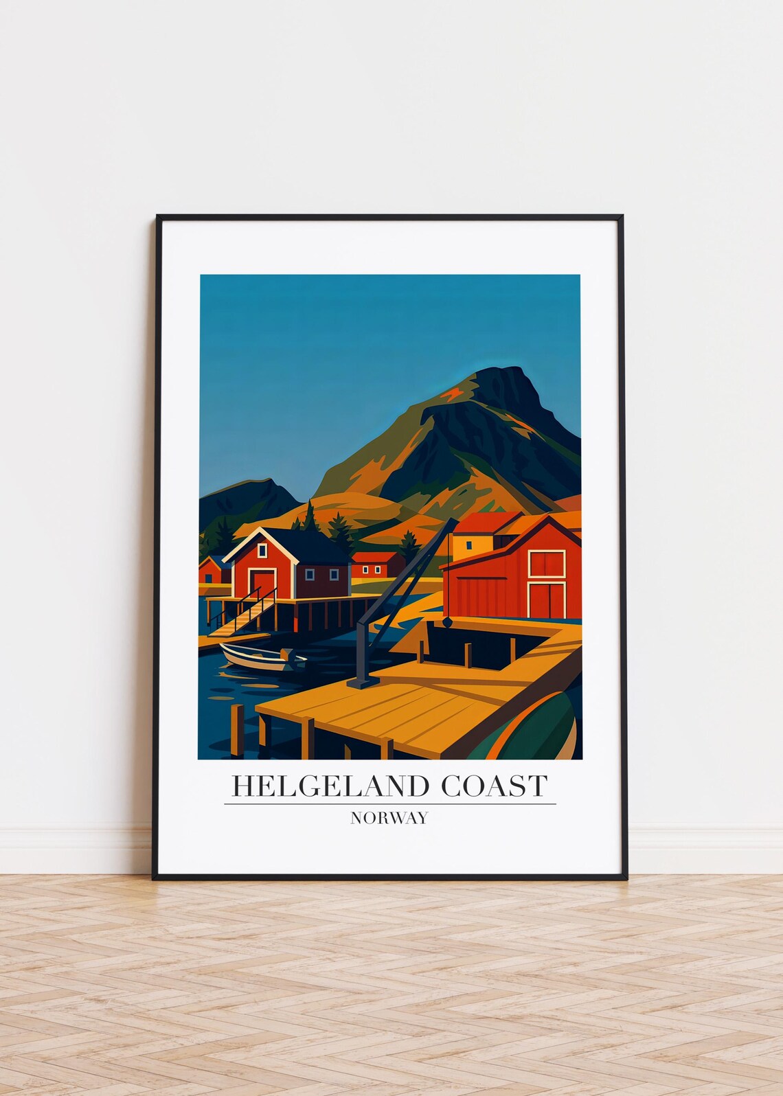 Helgeland Coast Norway Red Fishing Cabins on Piers Mountain Art Poster