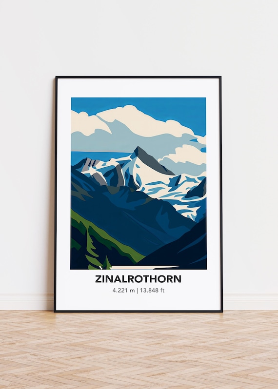 Zinalrothorn Snow Peak Clouds Modern Swiss Alps Travel Poster