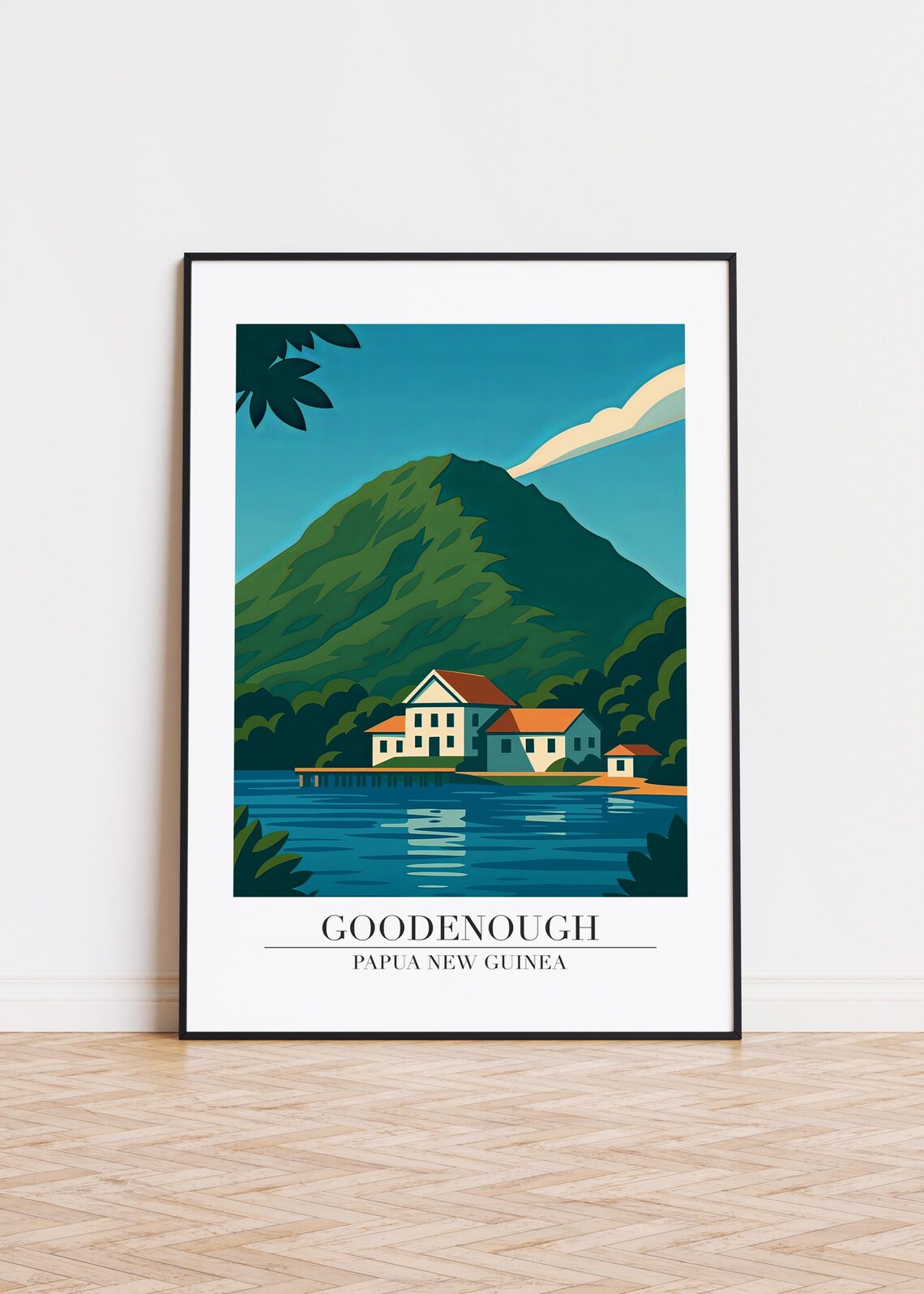 Goodenough Papua New Guinea Shoreline Building Green Mountain Travel Poster