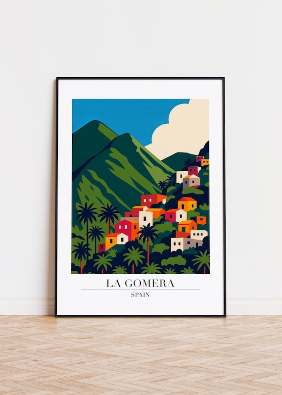 La Gomera Spain Colorful Village Palm Trees Green Mountains Poster