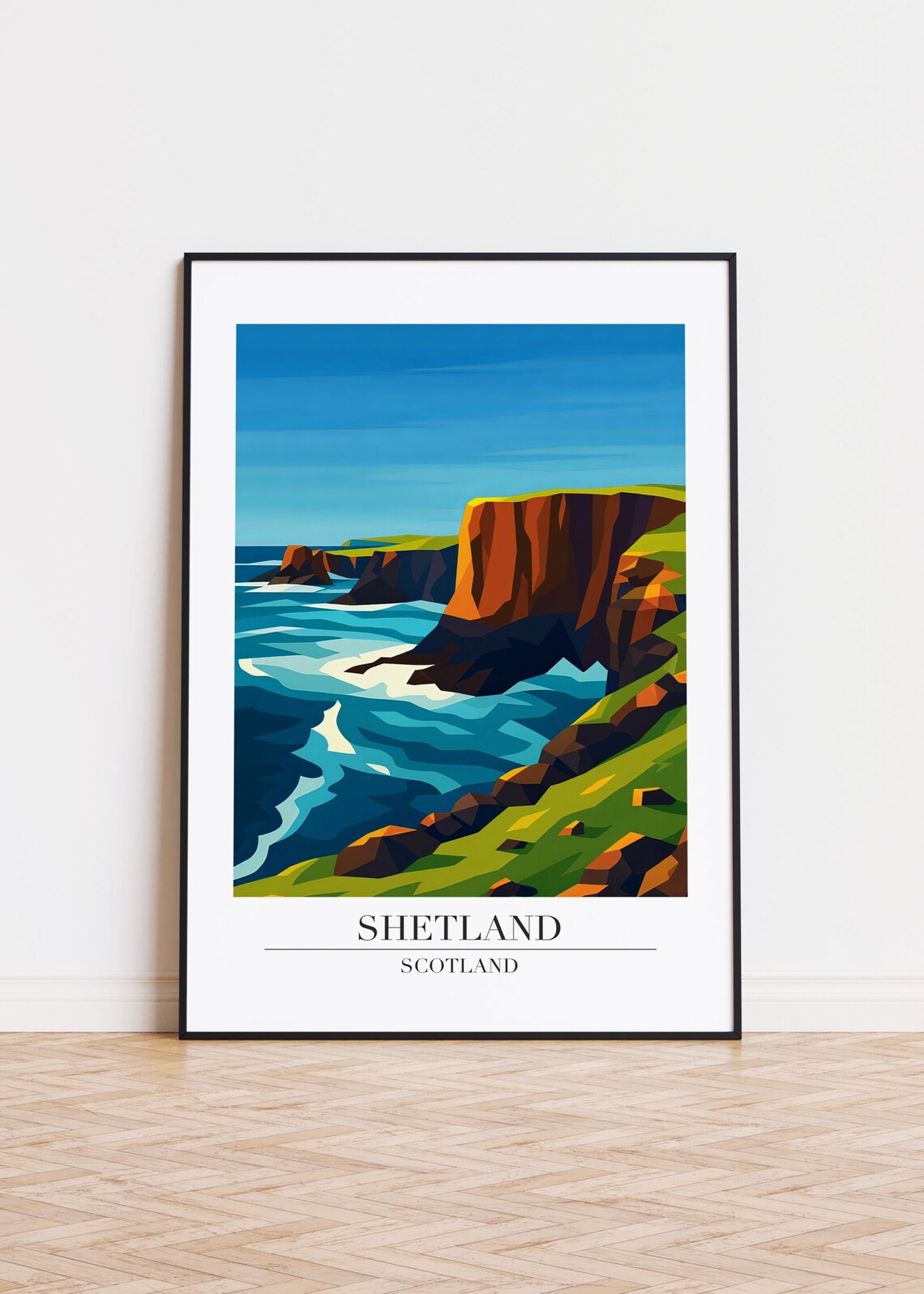 Shetland Scotland Sea Cliffs Coastal Modern Travel Illustration Poster