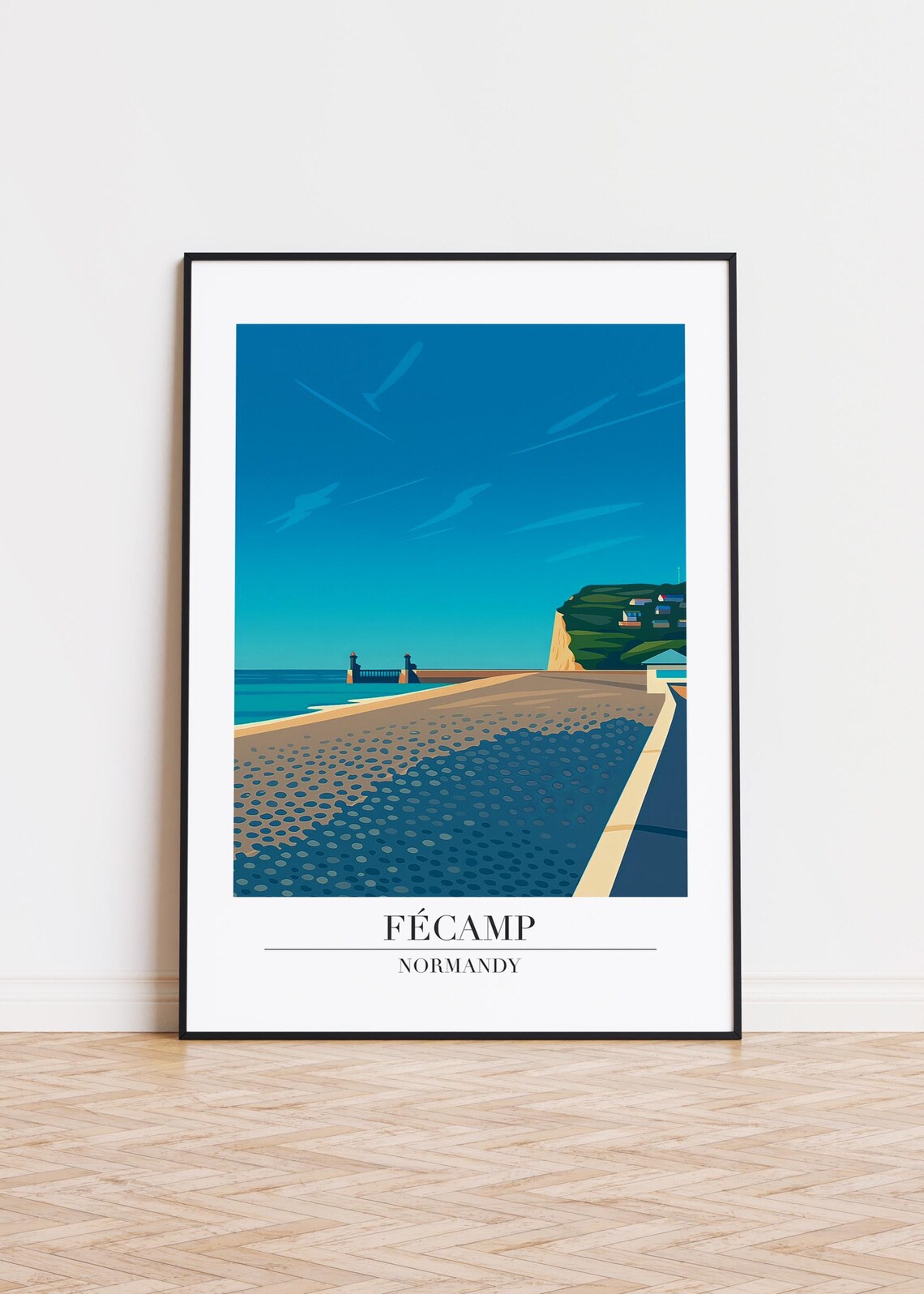 Fecamp Normandy Sandy Beach Pier Cliffs Retro Travel Illustration Poster
