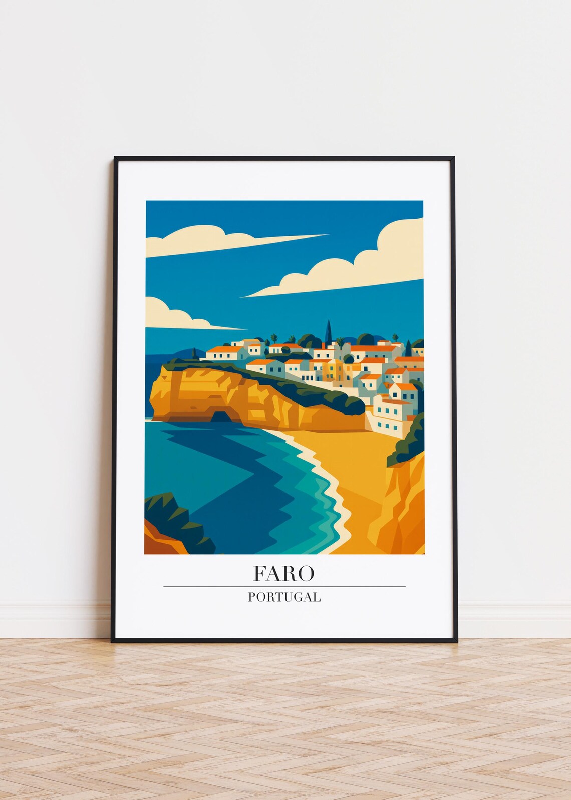 Faro Portugal Coastal Cliffs Beach Town Vintage Travel Poster