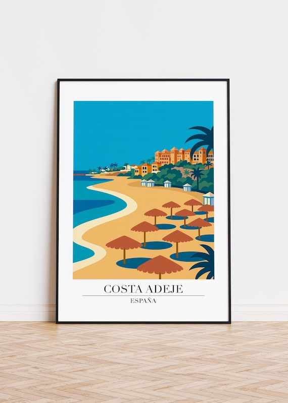 Costa Adeje Spain Poster Beach Umbrellas Resort and Blue Bay
