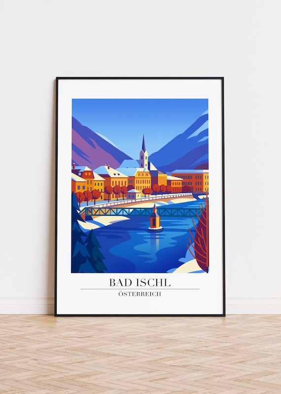 Bad Ischl Austria Winter Snow Scene Town Bridge Travel Poster