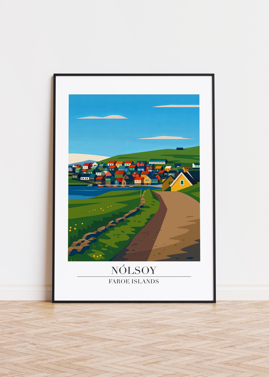 Nólsoy Faroe Islands Colorful Harbor Town Modern Travel Poster