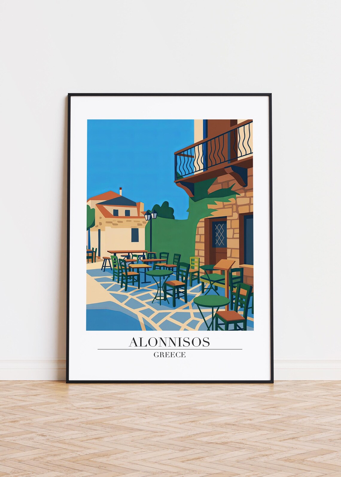Alonnisos Greece Courtyard Cafe Terrace Colorful Retro Travel Poster