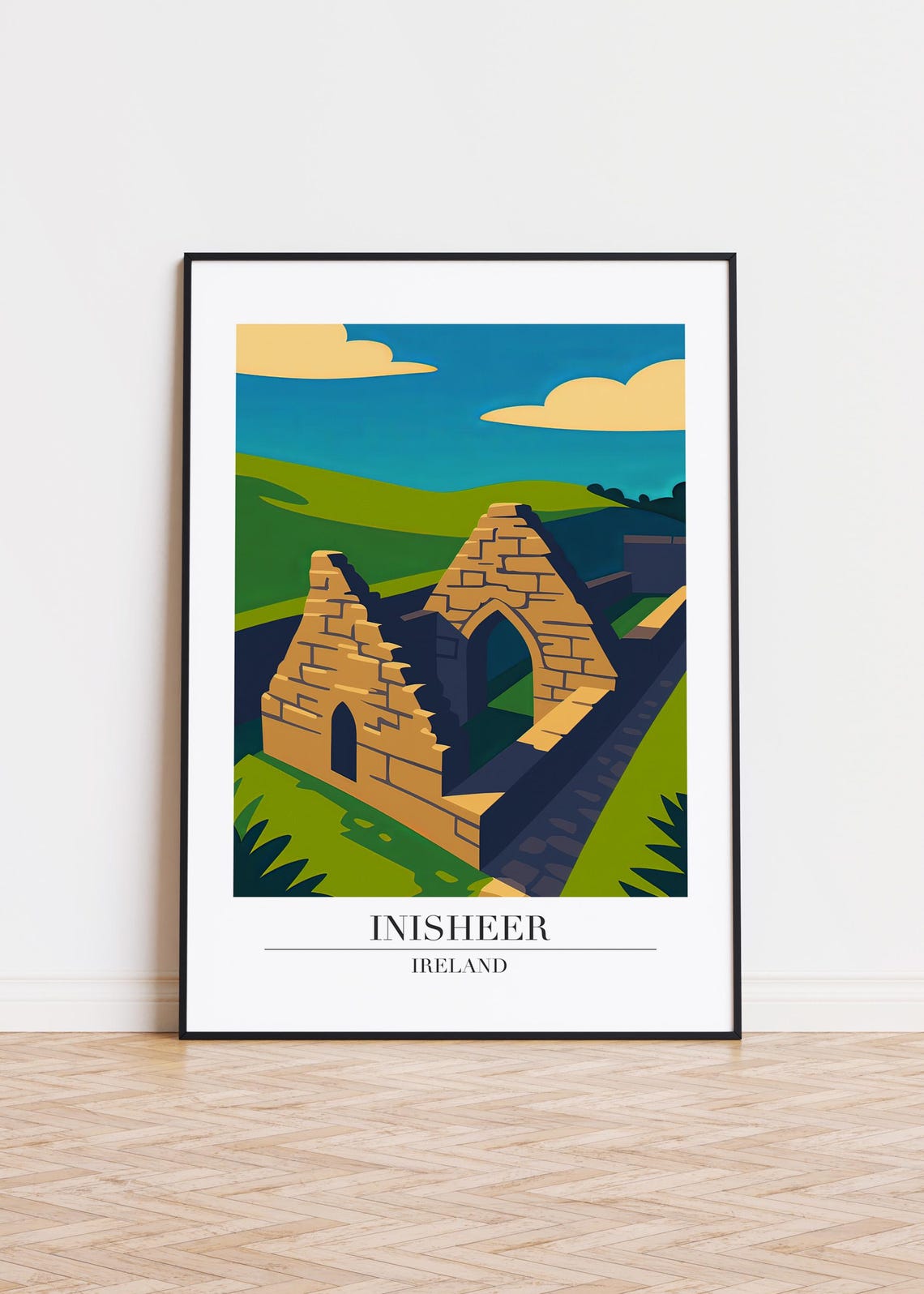 Inisheer Ireland Ancient Stone Chapel Ruins Vintage Travel Poster