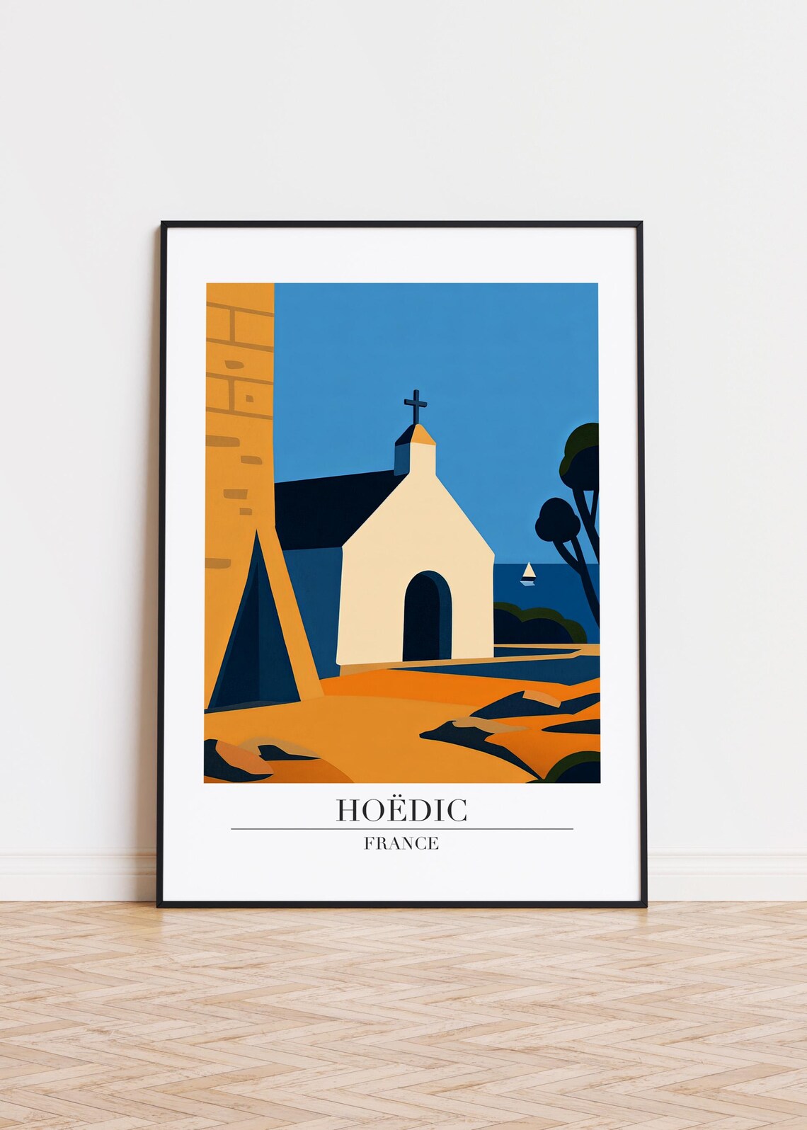 Hoedic France Coastal Chapel Minimal Geometric Travel Style Poster