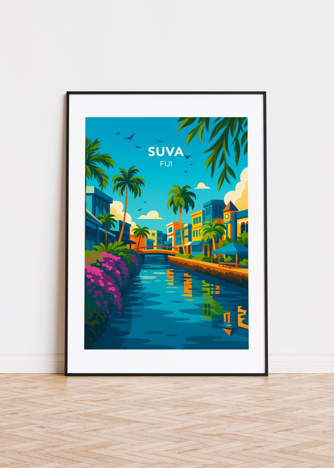 Suva Fiji Tropical River Palm Trees Island Paradise Travel Poster