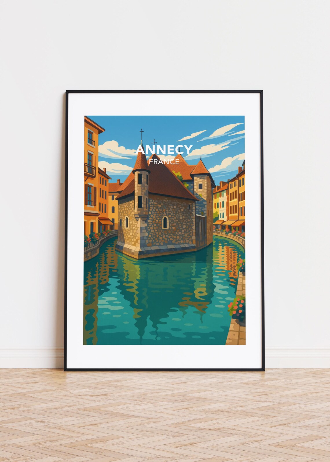 Annecy France Palais de l'Isle Canal Reflections Vintage Travel Poster