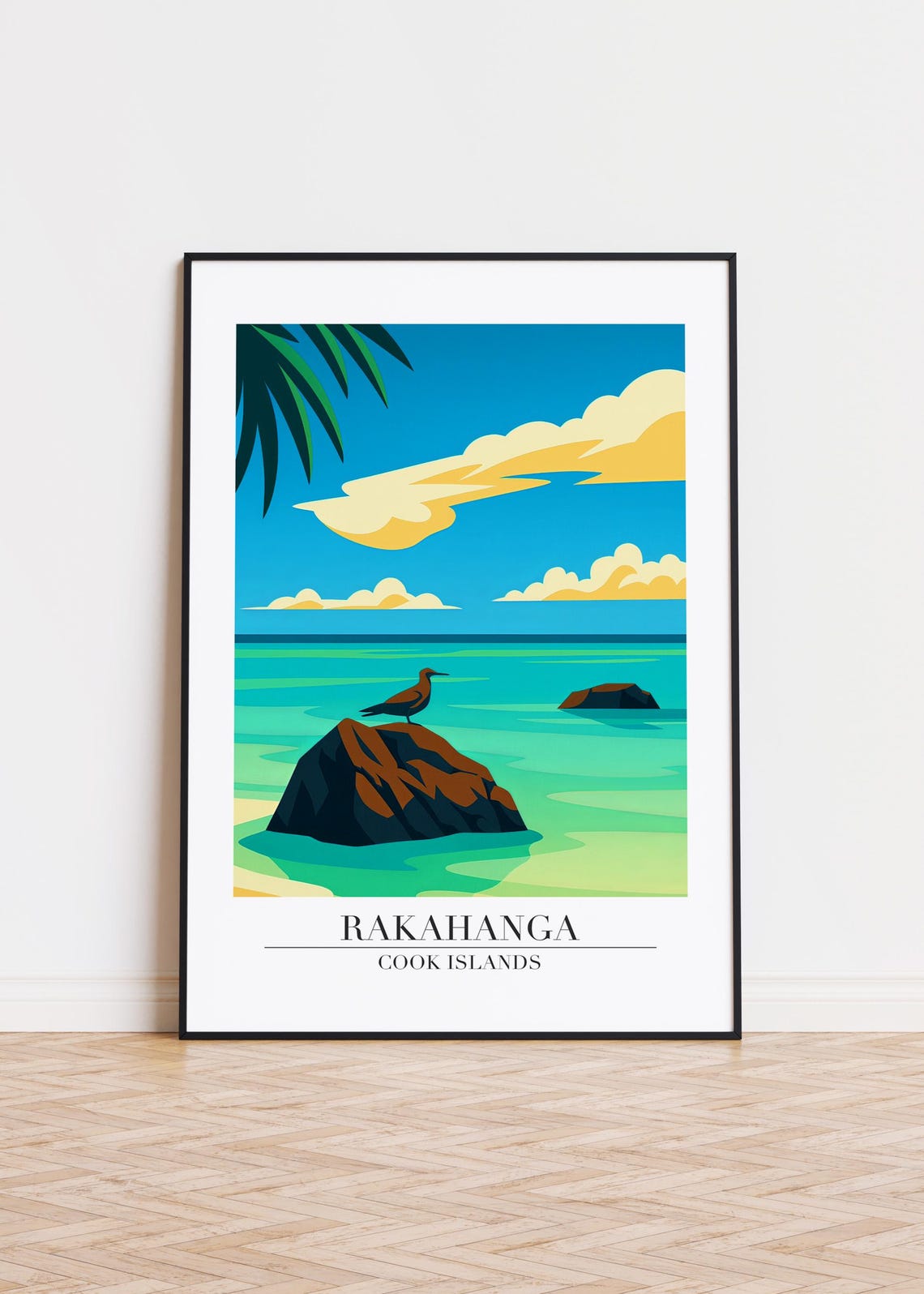 Rakahanga Cook Islands Seabird On Rock Turquoise Lagoon Travel Poster