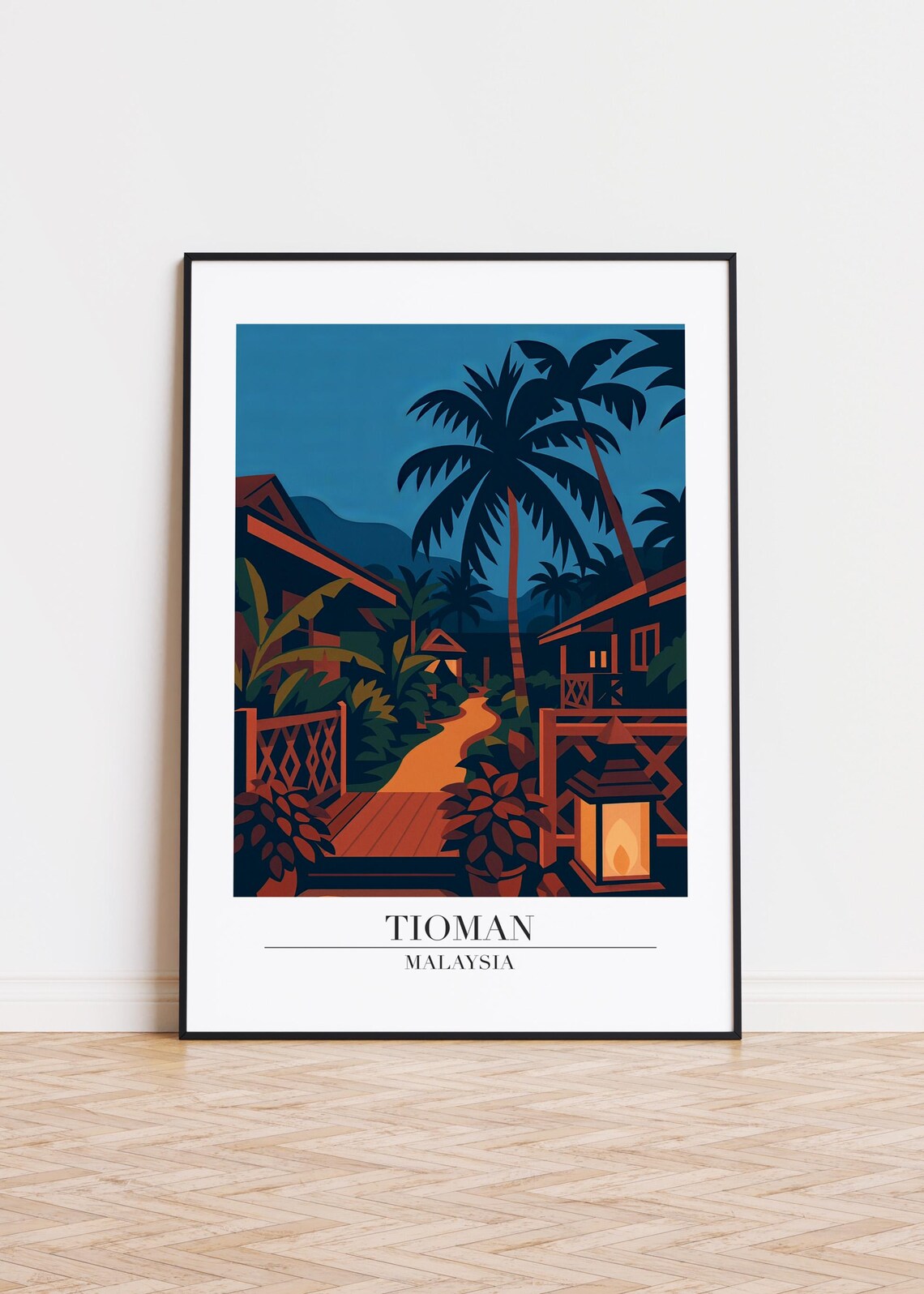 Tioman Malaysia Night Village Palms Tropical Evening Travel Poster