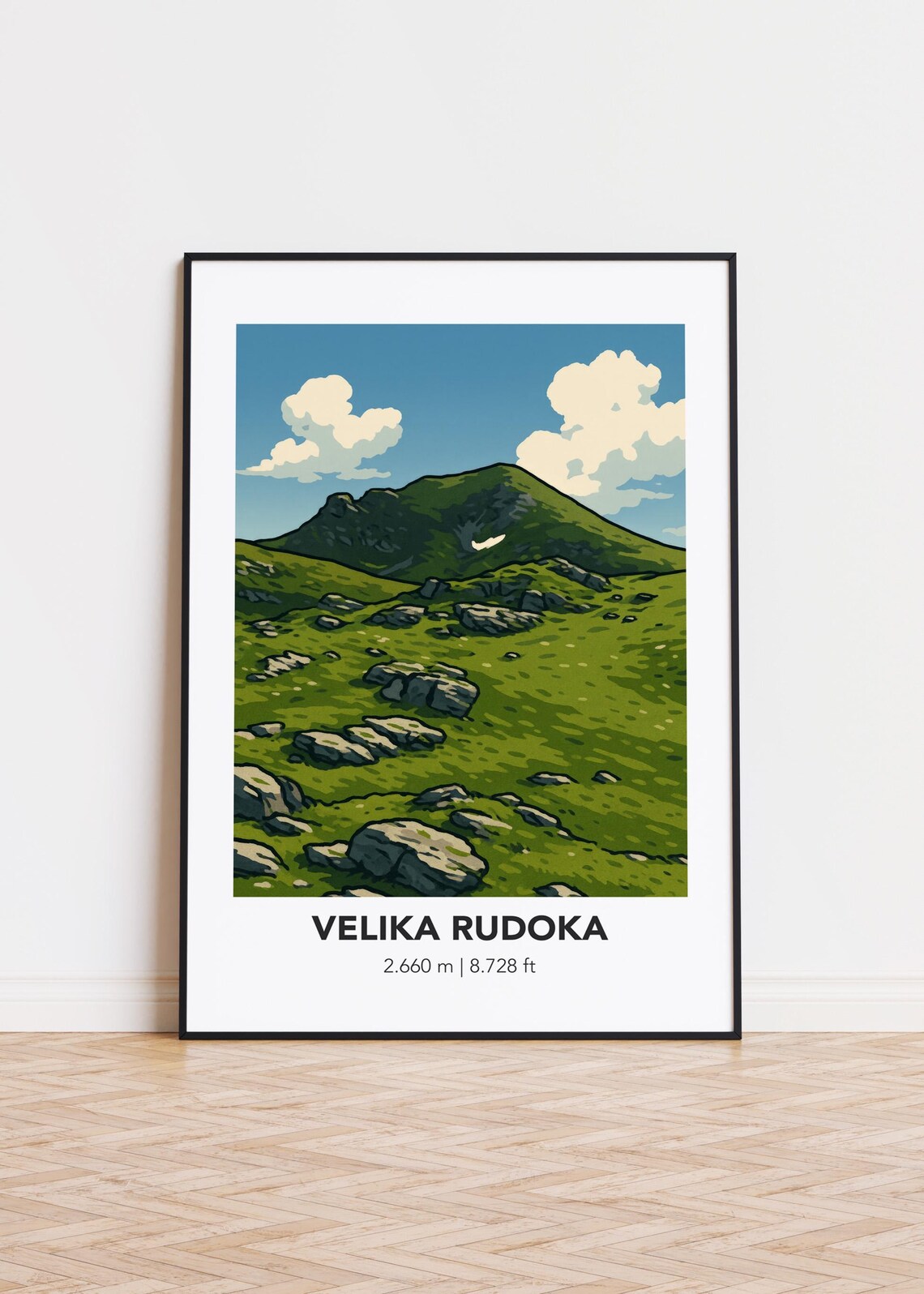 Velika Rudoka Mountain Summit Green Alpine Illustrated Travel Poster