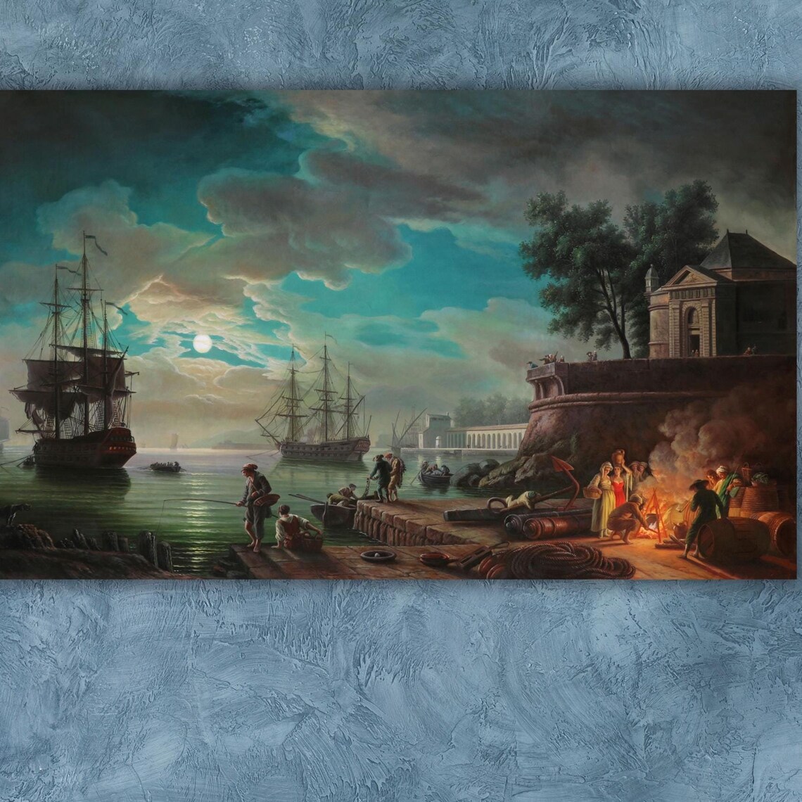 Moonlit Harbor Tall Ships Night Sea Fishermen Classic Art Poster