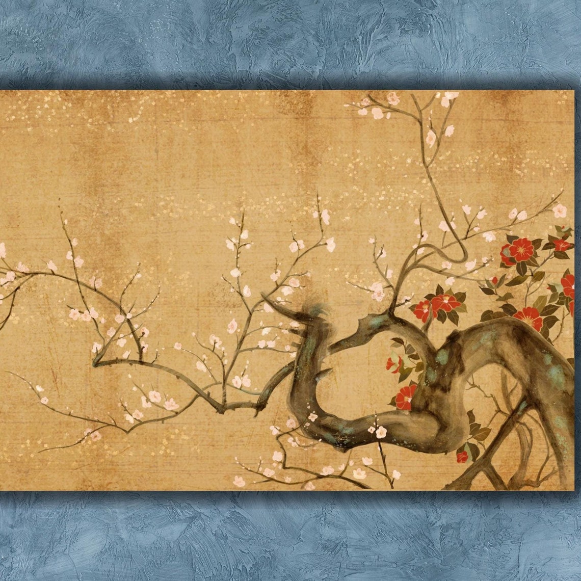 Elegant Antique Japanese Cherry Blossom Gold Leaf Branch Poster