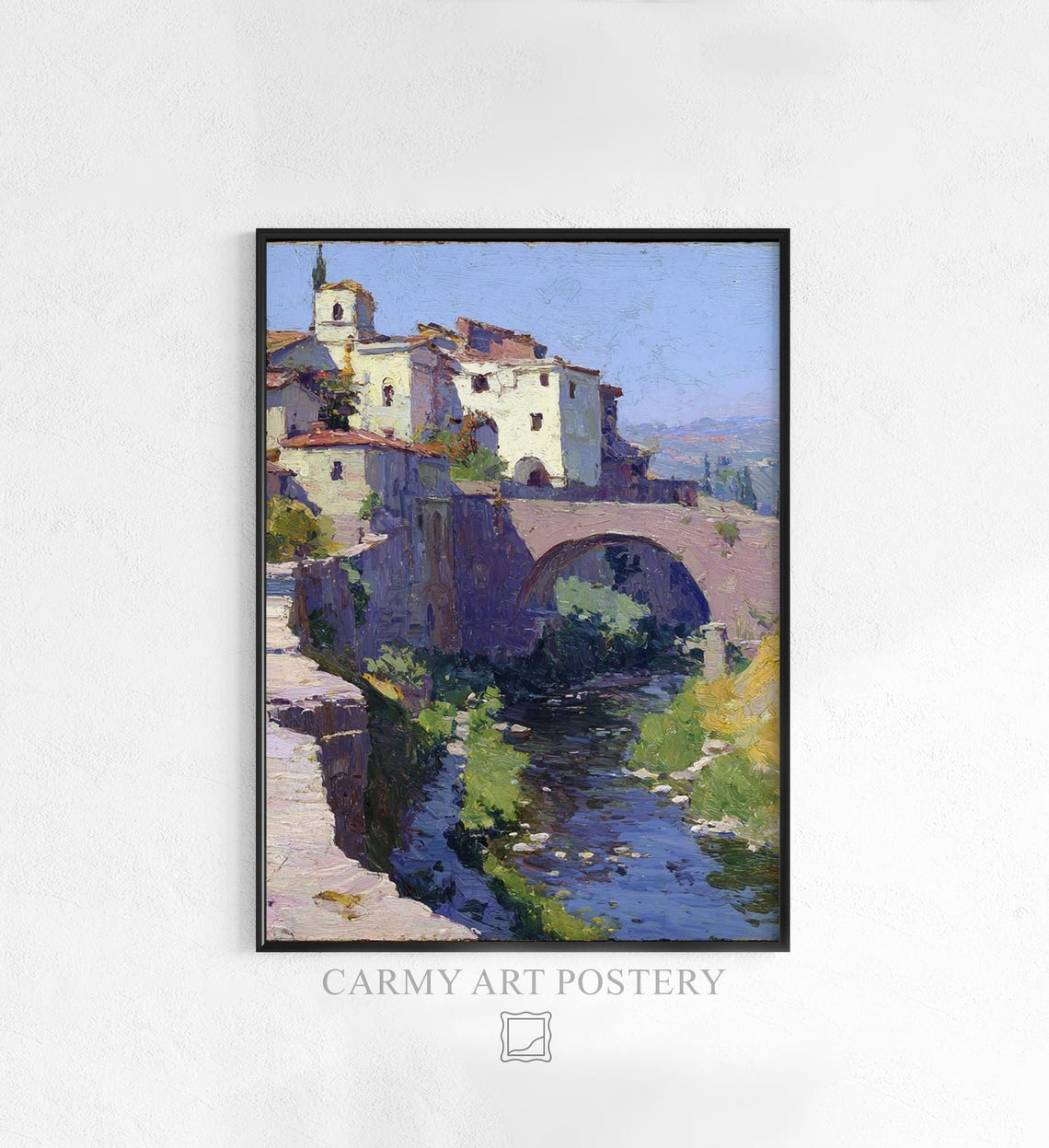 Italian Stone Bridge Riverside Village Impressionist Oil Poster