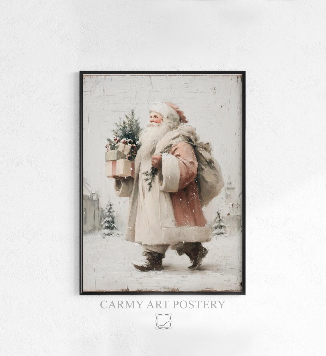 Vintage Santa Claus Carrying Gifts Snowy Night Nostalgic Christmas Poster