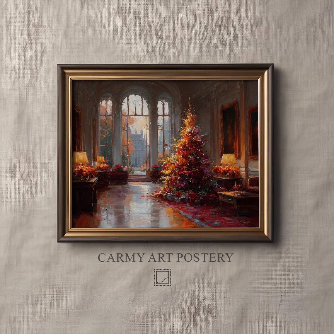 Elegant Grand Hall Christmas Tree Golden Holiday Painting Poster