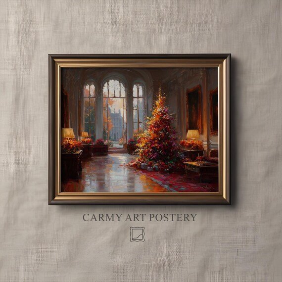Elegant Grand Hall Christmas Tree Golden Holiday Painting Poster