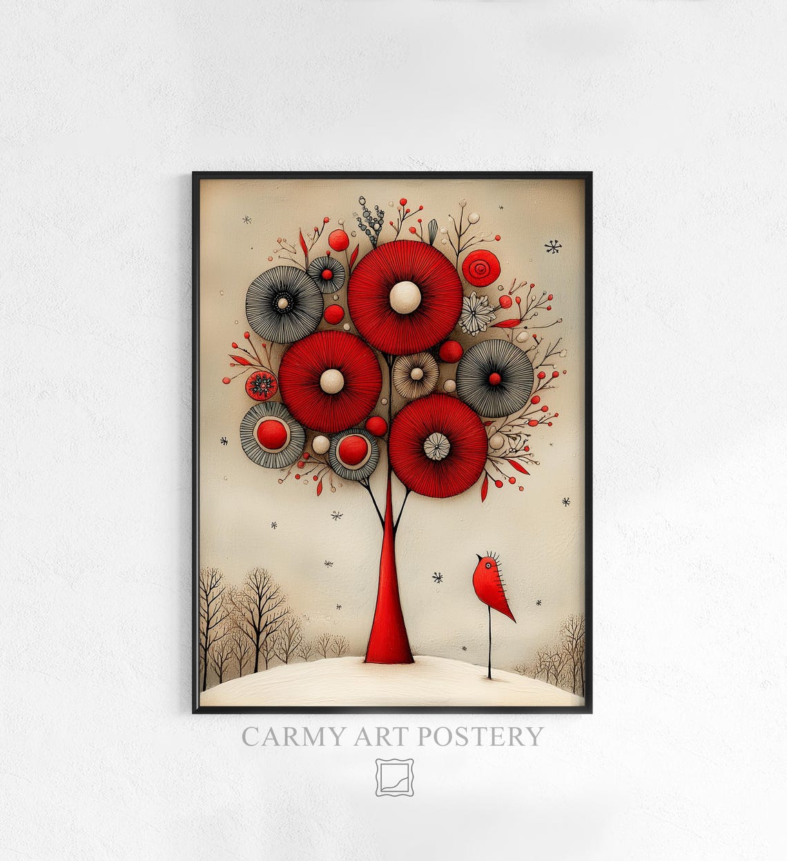 Whimsical Folk Christmas Tree Red Baubles Bird Holiday Wall Art
