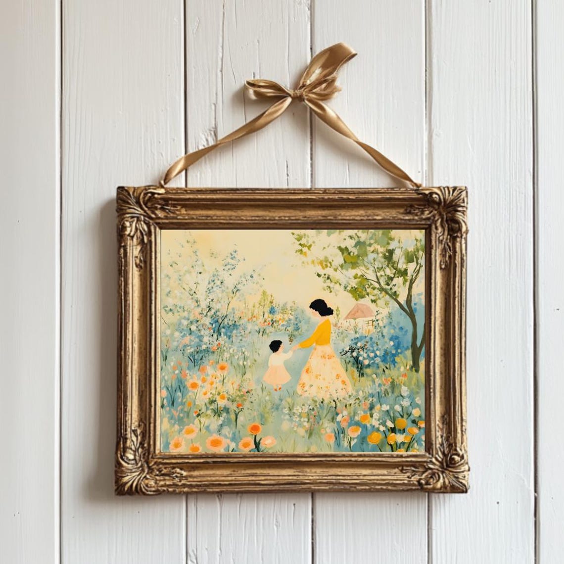 Mother and Daughter Walking in Golden Wildflower Meadow Art Poster - Image 4