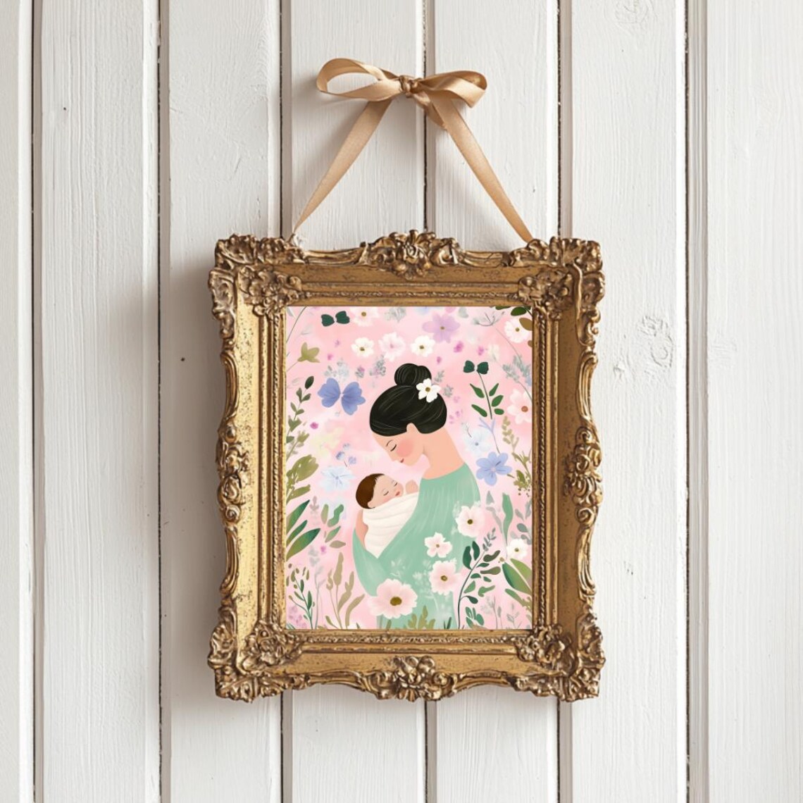 Tender Mother Kissing Newborn Amid Pastel Floral Nursery Art Poster - Image 4